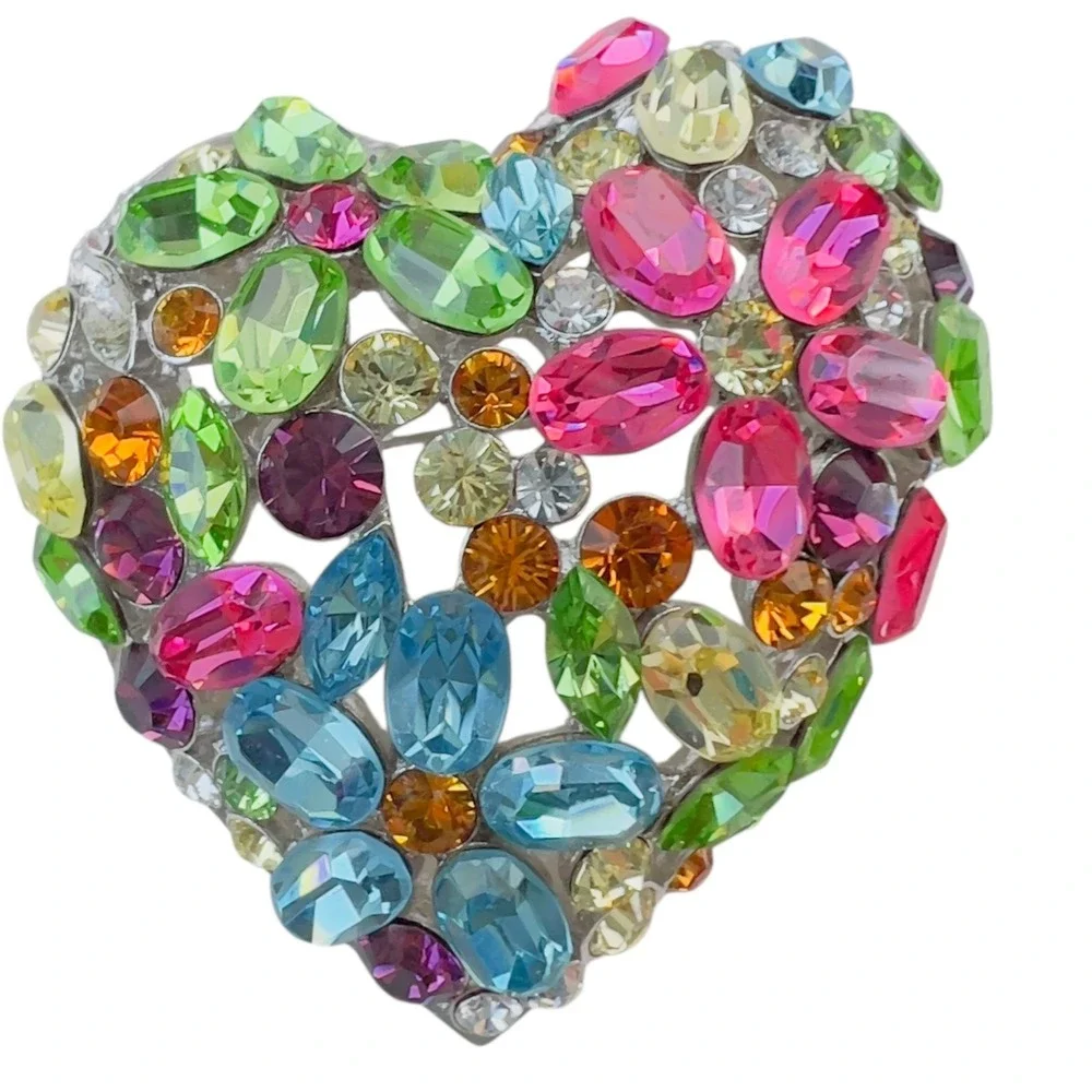 Multicolor‎ Crystal Heart Brooch Silver Tone Rainbow Rhinestone Statement Pin